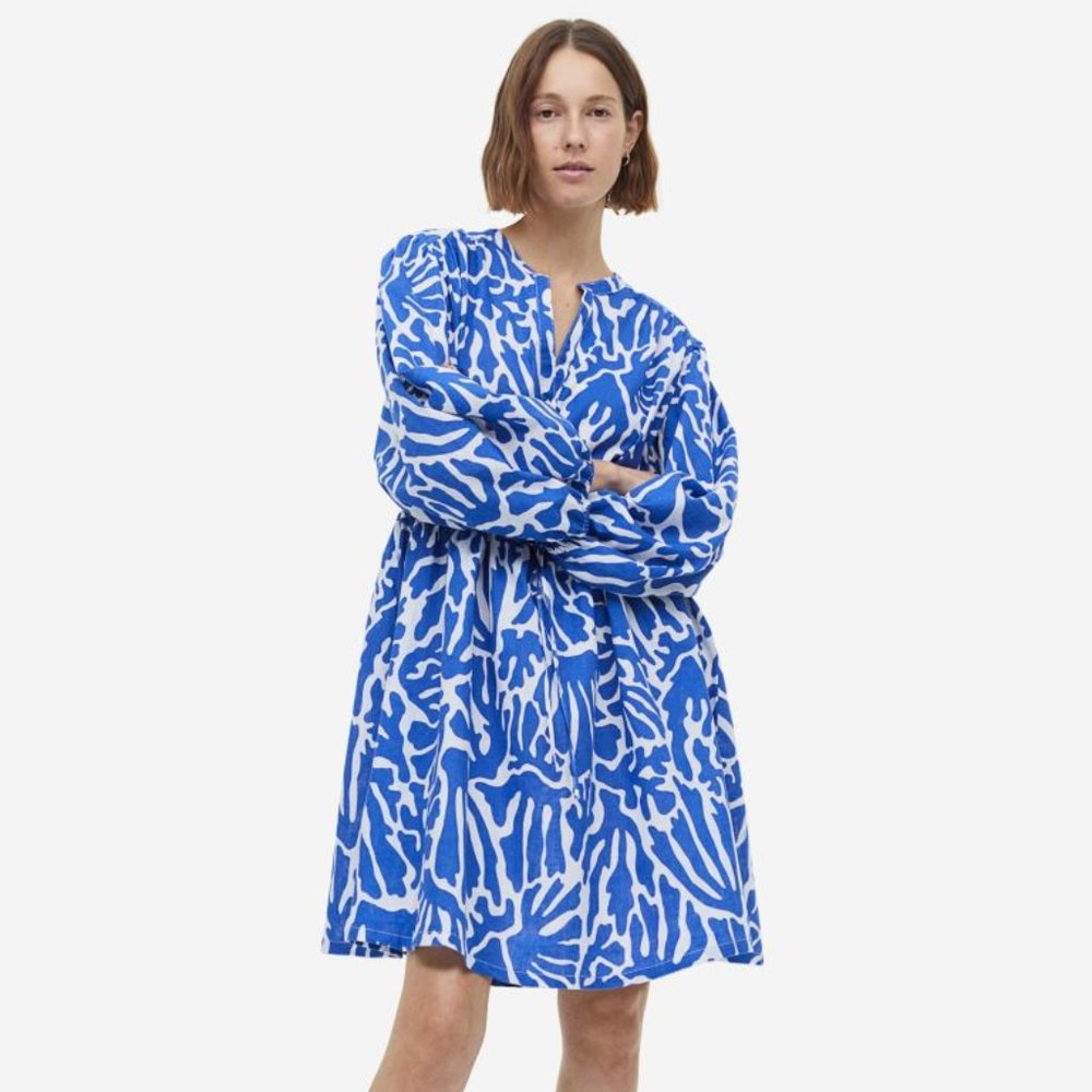 NWT H&M Bright Blue Pattern Linen Blend Short Dress Size: Medium